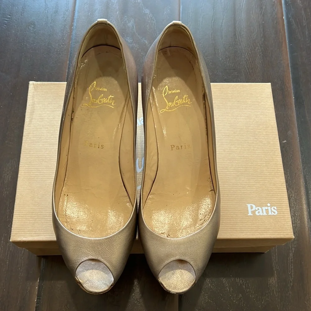 Christian Louboutin Light Gold Matatales 70 Peep Toe Wedges, size 38.5